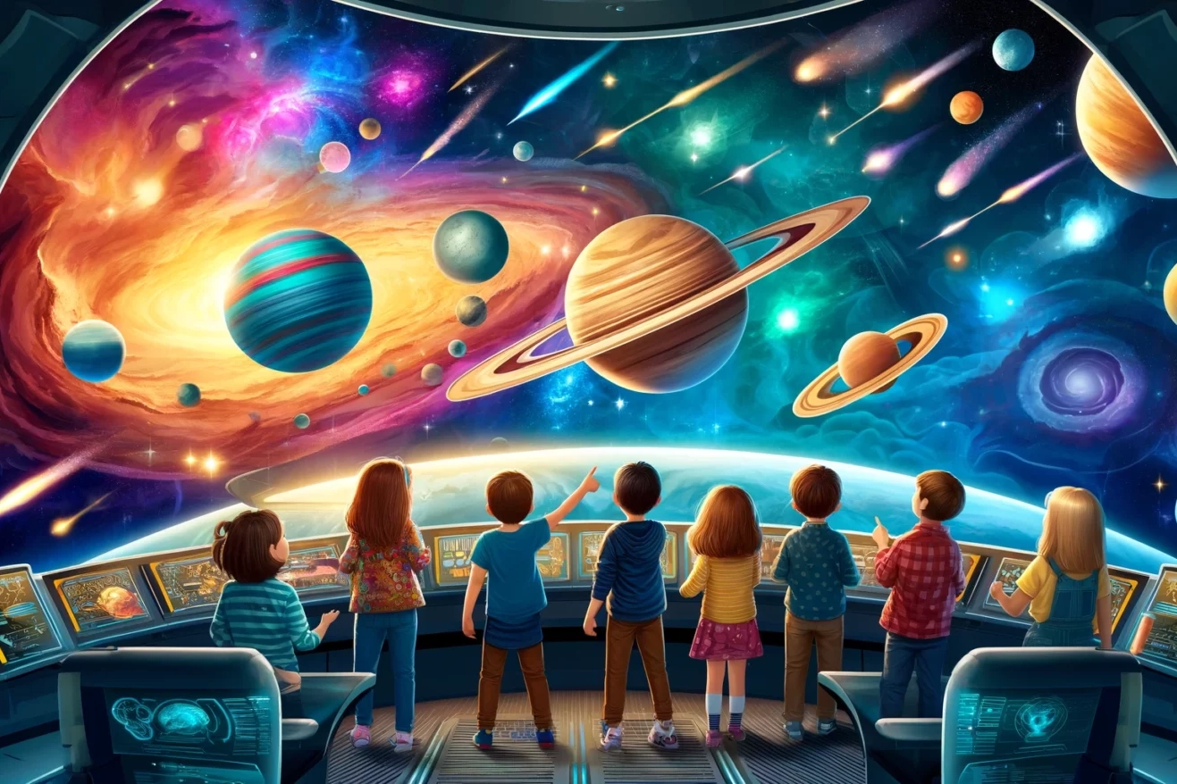 AI afbeelding van kinderen die kijken naar sterren, kometen en planeten vanuit een groot ruimteschip.