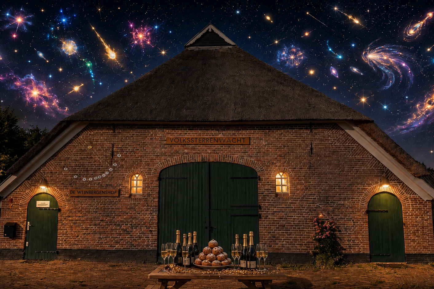Volkssterrenwacht Bussloo bij nacht onder een feestelijke sterrenhemel met champagne en oliebollen op de voorgrond.