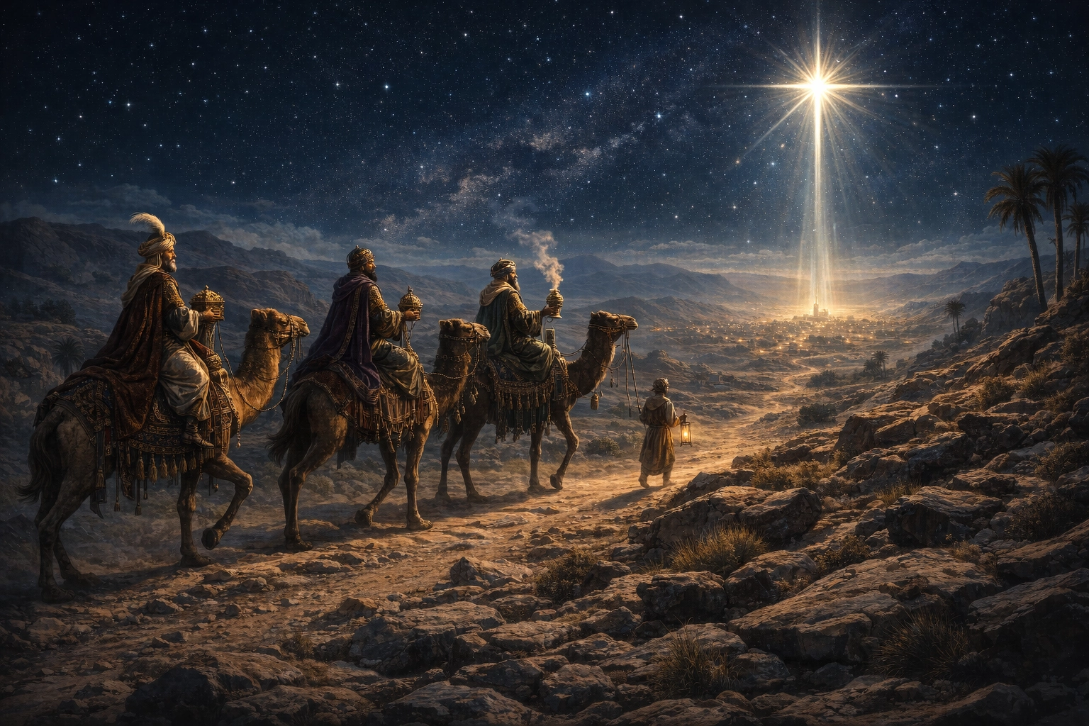Artistieke voorstelling van de Ster van Bethlehem boven een nachtelijk landschap met reizigers onder een sterrenhemel.