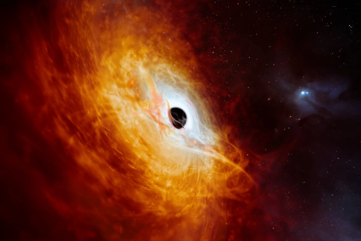 Artistieke impressie van quasar J0529-4351 met een superzwaar zwart gat en een heldere schijf van omringende materie.